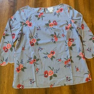 Liz Claiborne Blouse Small Blue White Stripes Red Pink Floral Relaxed 3/4 Sleeve